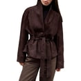 thumbnail image 2 of SwiftWear Women's Vintage Faux Suede Jacket Belted Waist Casual Cropped Trench Coat Soft Long Sleeve Elegant Outwear​, Brown, 2 of 4