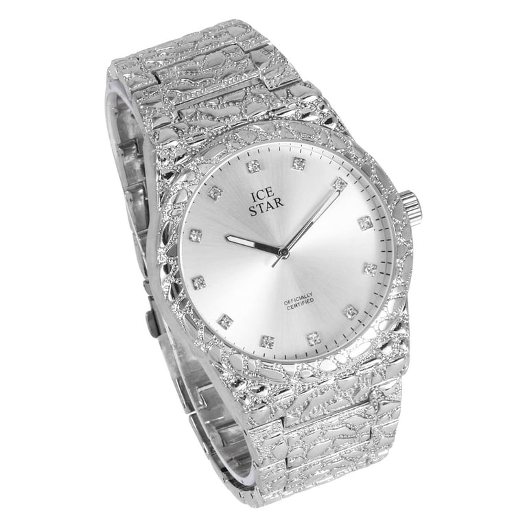 Ice Star Men's Luxury 45mm Nugget Watch with Diamond Accent Dial -  Adjustable Band - Quartz Movement - Exquisite Silver Finish