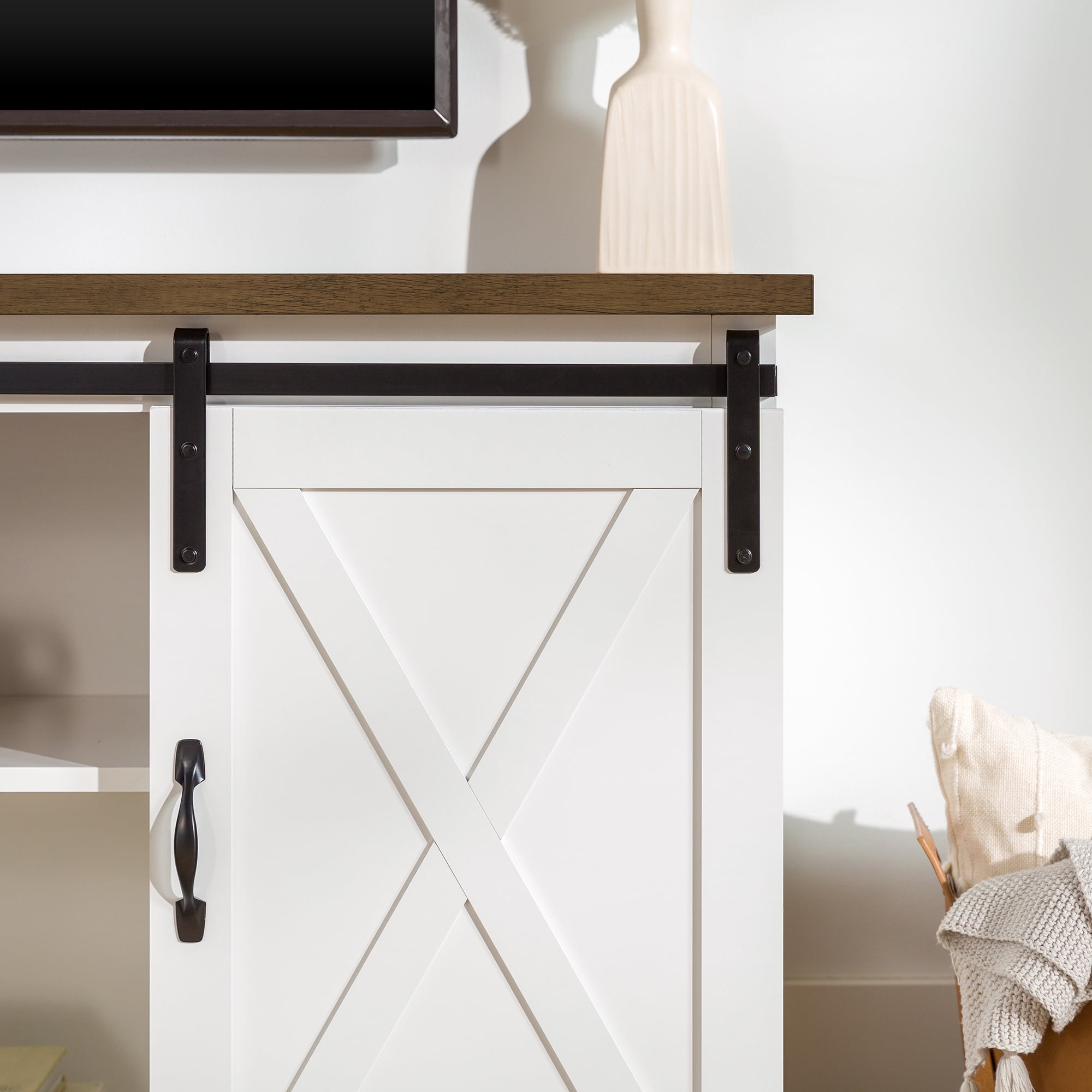 Walker Edison Farmhouse Sliding Barn Door TV Stand for TVs up to 65", White/Reclaimed Barnwood
