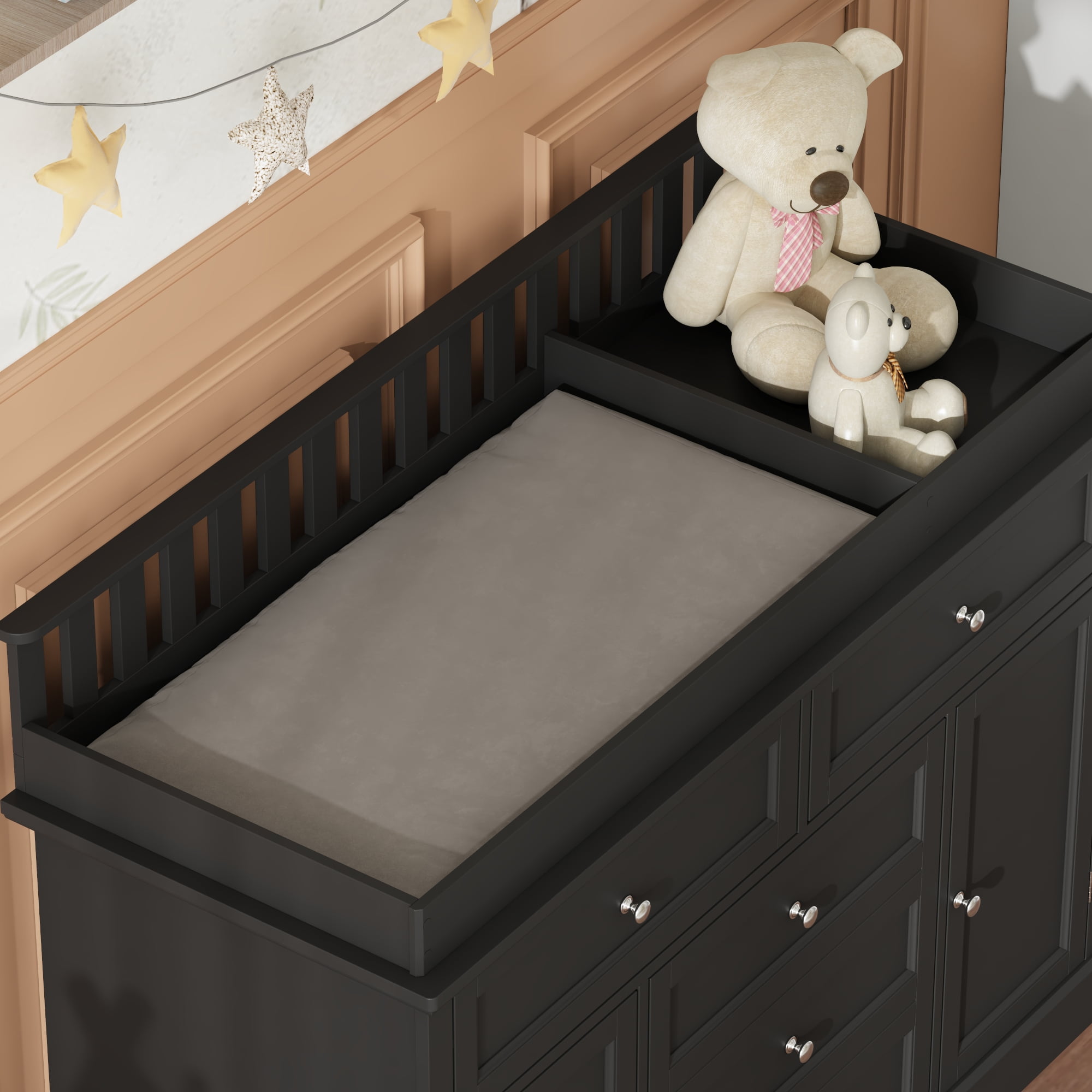 WIAWG Nursery Dresser with Changing Table Top, 46" W Baby Dresser with 2 Drawers,Storage Organize Station for Nursery and Baby Bedroom,Black