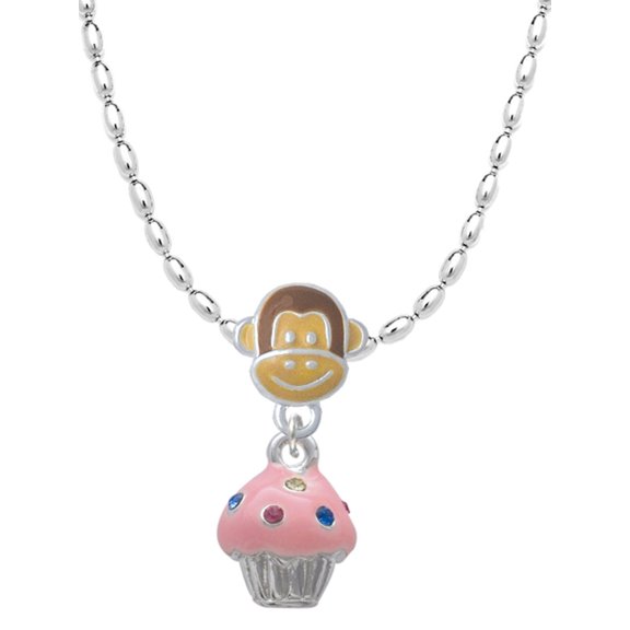 Delight Jewelry Silvertone Small Pink Cupcake with Crystal Sprinkles Mia Monkey Charm Necklace