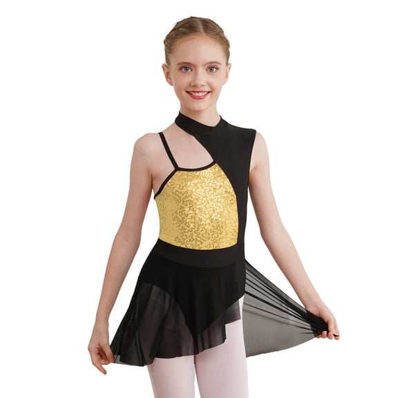 CHICTRY Kids Girls Ballet Contemporary Dance Dress Shiny Sequins Mesh Patchwork Asymmetrical Dance Costume Gold 10