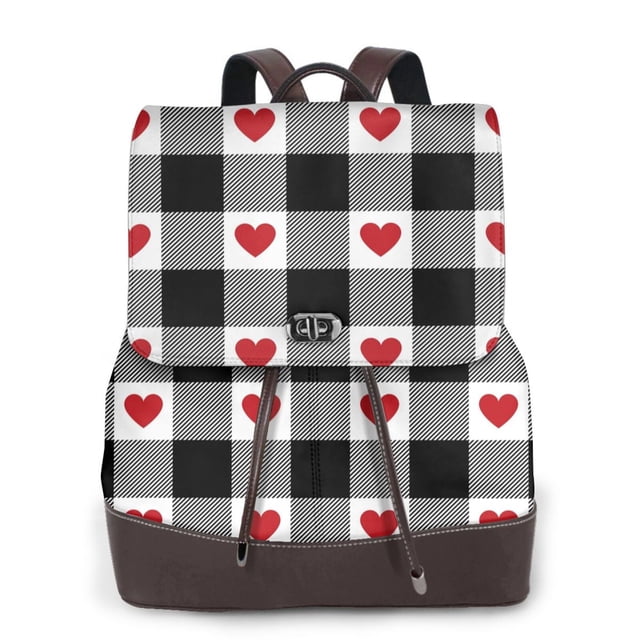 Balery Heart Black Buffalo Plaid Gingham Mochila de Cuero para Mujeres, Gran Capacidad, Bolsa de Viaje Multifuncional, Mochila de Cuero y Bolsa de Hombro para Mujeres