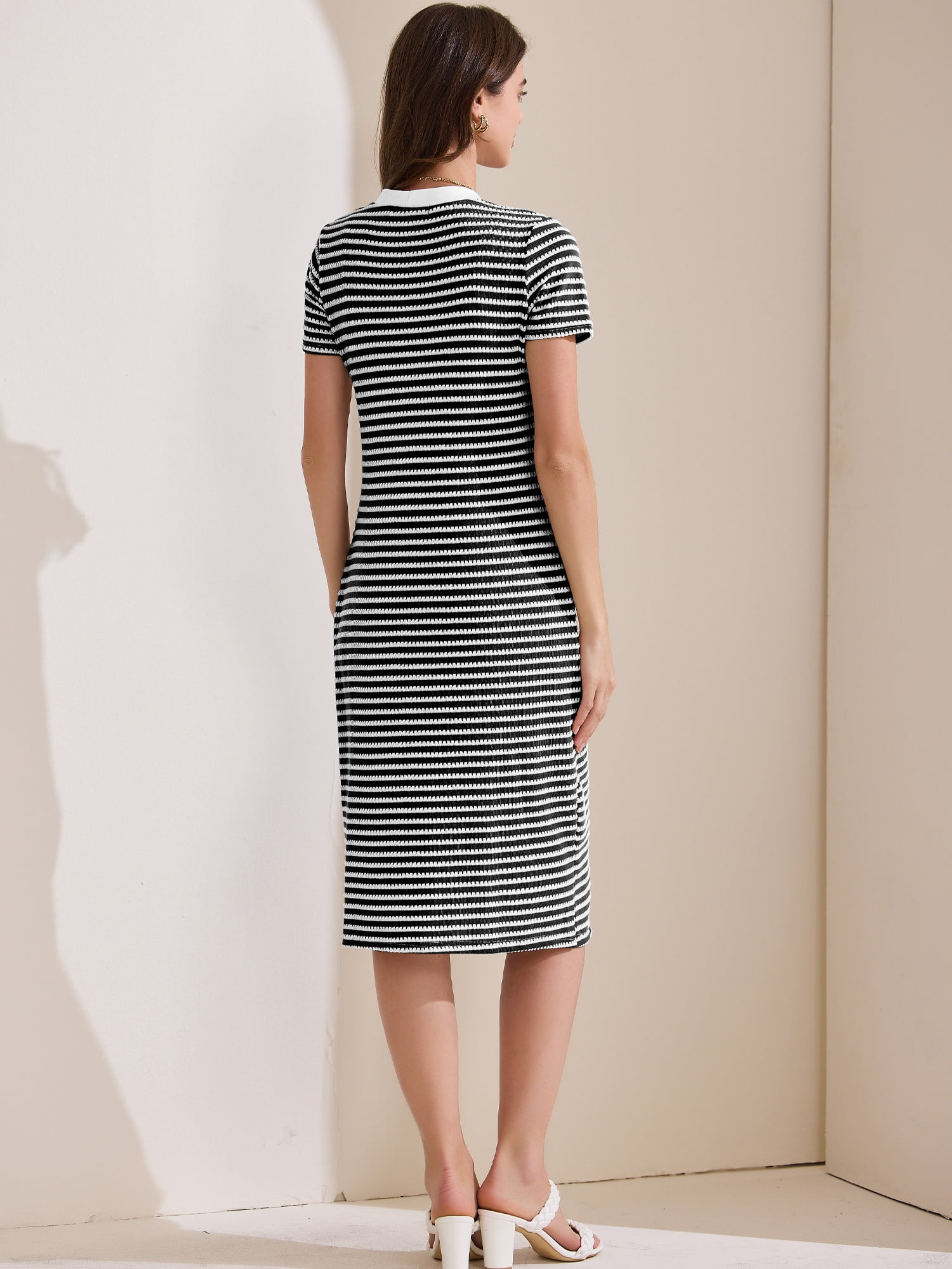 DARING DIVA Striped Ribbed Knit Short Sleeve Midi Dress L Black