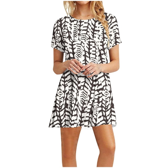 Pisexur Robes d'Été pour Femmes Robe de Plage Confortable à Fleurs Manches Courtes Col Rond Midi Robe Décontractée avec Poches