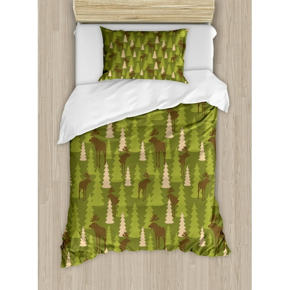 Deer Duvet Cover Set Twin Size, Animals in the Forrest Mooses and Pine Trees Pattern Canada Foliage Mammal Design, Decorative 2 Piece Bedding Set with 1 Pillow Sham, Green Tan Brown, by Ambesonne