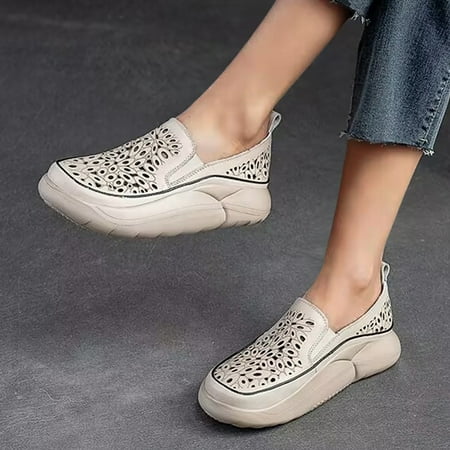 

ZTTD Summer Fashion Hollow Hole Shoes Round Head Retro Set Foot Shallow Mouth Ladies Large Size Casual Shoes Trainers