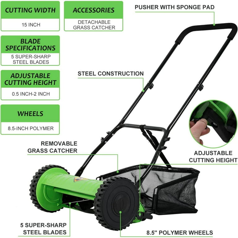 NiamVelo 2 Wheels Push Lawn Mower 15-inch Adjustable Cutting/ Handle Height  Walk-Behind Lawn Mowers with Grass Catcher, Green 