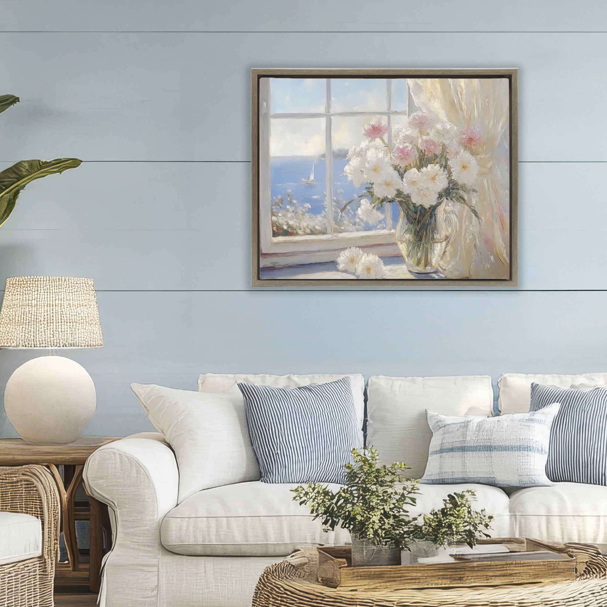Stupell Industries Coastal View Floral Window Bouquet Brown Framed Floater Canvas Wall Art, design by LSR Design Studio