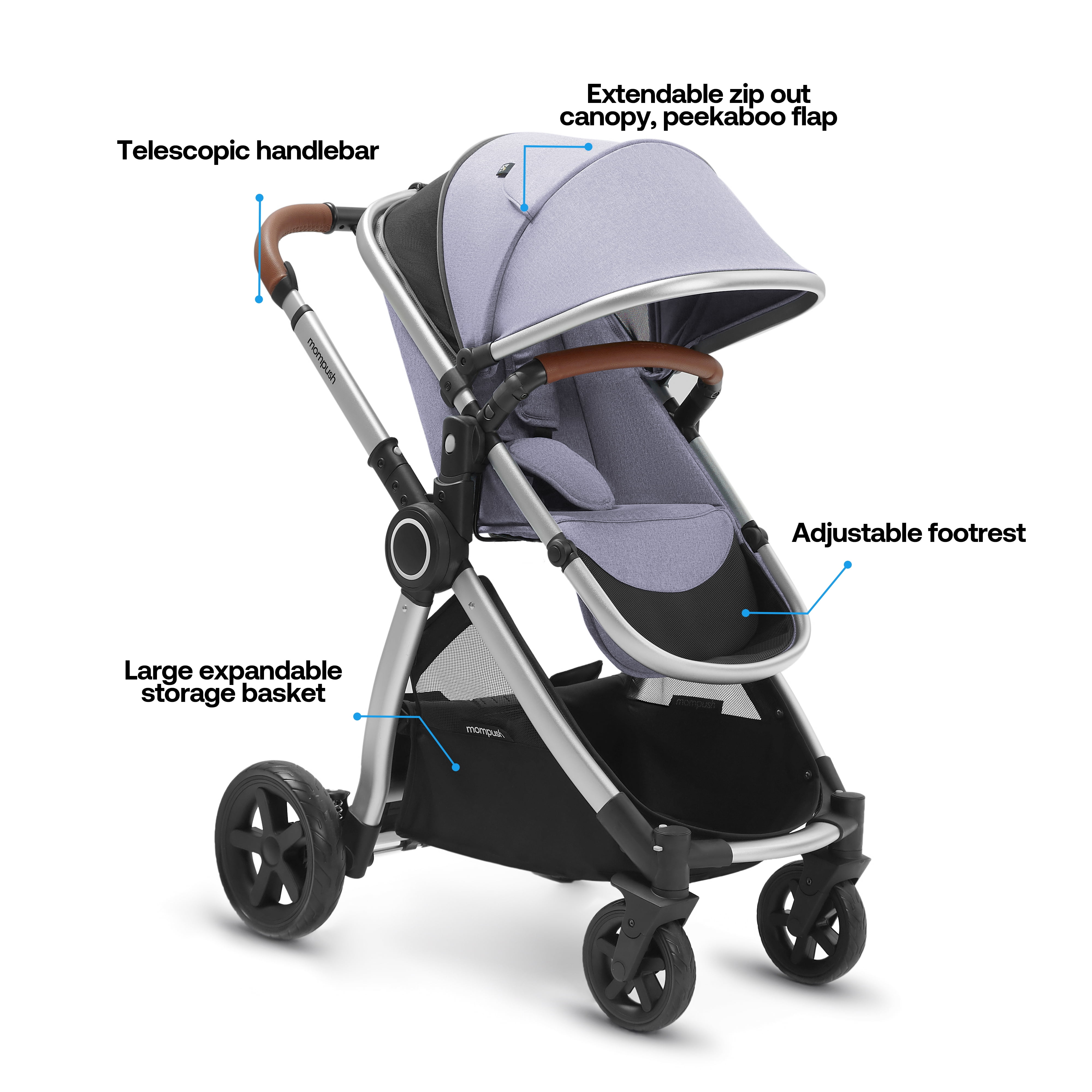 Mompush Ultimate2 Baby Stroller with Bassinet and Adjustable Seat, Lavender, 25LB, Unisex