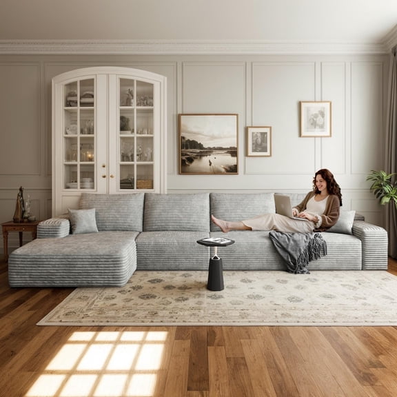 CKEASEAN 135" Oversized Boneless Couch with Left L-Shape Chaise, Modern Modular Sectional Sofa with Deep Seat, No Assembly Required, Cloud Sectional Couch, Corduroy Fabric