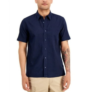 Sun   Stone Men's Victor Regular-Fit Garment-Dyed Linen/Cotton Shirt Navy-2XL