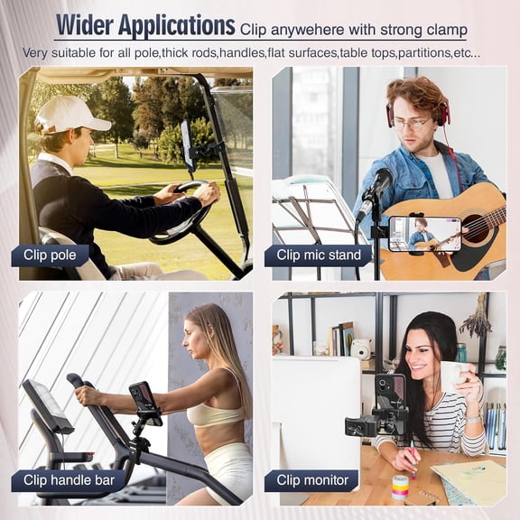 PYYAN-Clip Phone Holder for Desk,Pole,Pipe,Boom,Flat Surface with Adjustable Aluminium Arm Phone Clamp Mount for Mic Stand,Treadmill Compatible with All 4-7” Cell Phone (Short-Aluminium Arm Phon