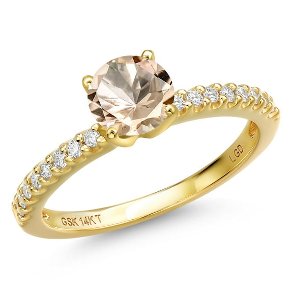 Gem Stone King 14K Yellow Gold Peach Morganite and Lab Grown Diamond Engagement Ring for Women | 0.76 Cttw | Round 6MM | Gemstone October Birthstone | Size 9