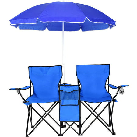 Beach Chair With Canopy, Folding Camping Chairs with Umbrella and Table Cooler, Portable Double-Chair for Beach, Camping, Picnic/Patio/Pool/Park/Outdoor, Blue, (Best Beach Chair With Canopy)