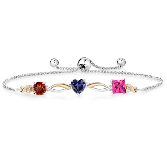 Gem Stone King 925 Silver and 10K Yellow Gold Red Garnet Blue Iolite Pink Mystic Topaz and Lab Grown Diamond Tennis Bracelet for Women By Keren Hanan (2.38 cttw, Adjustable up To 9 inch)