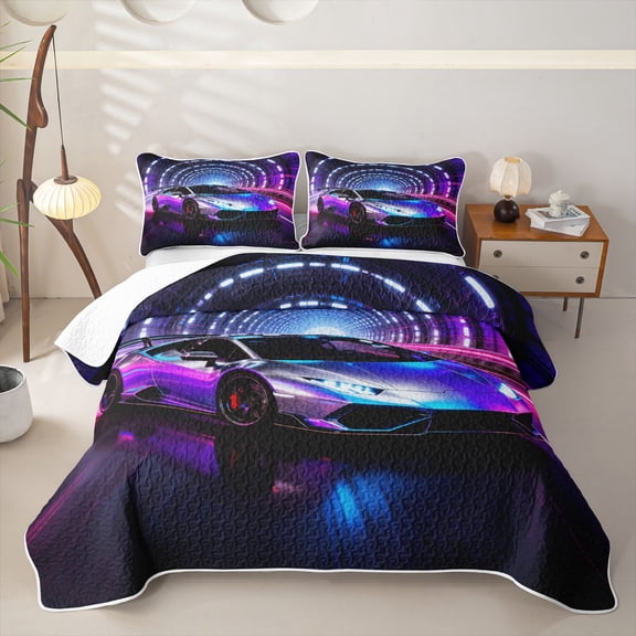 Castle Fairy Neon Sports Car Twin Quilt Set,Tunnel Light Speed Twin Coverlet Set for Bedroom,Purple Blue