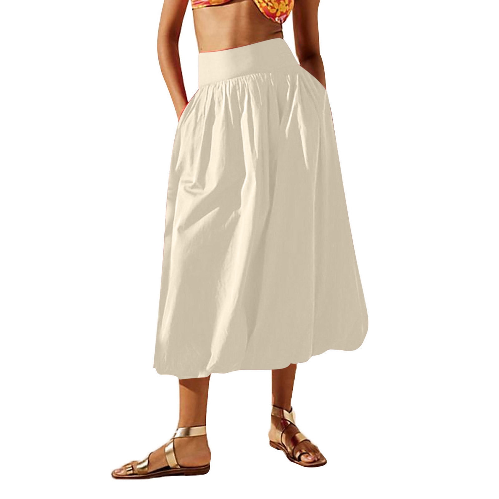 Women Bubble Maxi Skirt Summer Elastic High Waist a Line Long Skirt Casual Ruffle Pleated Midi Half Dress with Pockets Beige S