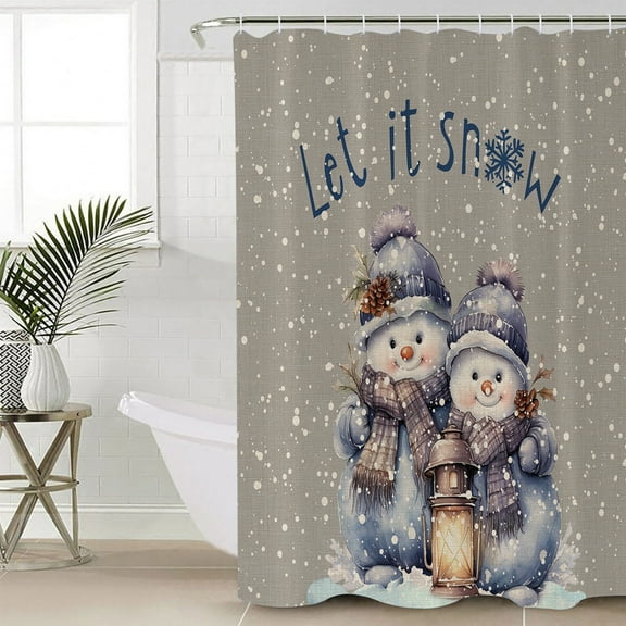 Christmas Snowman Bathroom Curtain 72 Inch Shower Curtain with Hooks, Winter Snowflake Grey Rustic Burlap Waterproof Polyester Bath Curtain Washable Bathtub Curtain 48''x 72''