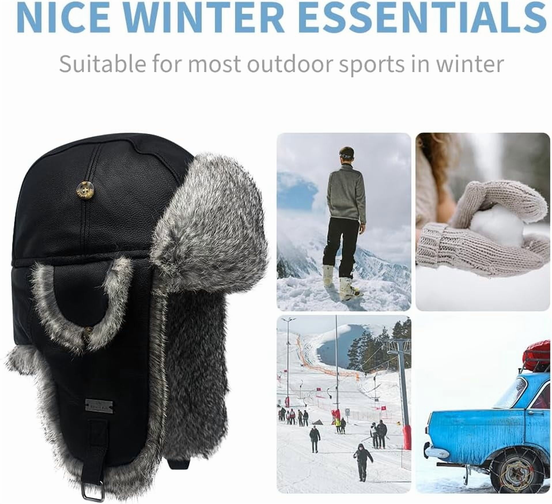 Winter Trapper Hat,Faux Rabbit Fur Knit Sheepskin Russian Trooper Aviator Hats Hunting Ski Ushanka Hat with Ear Flaps