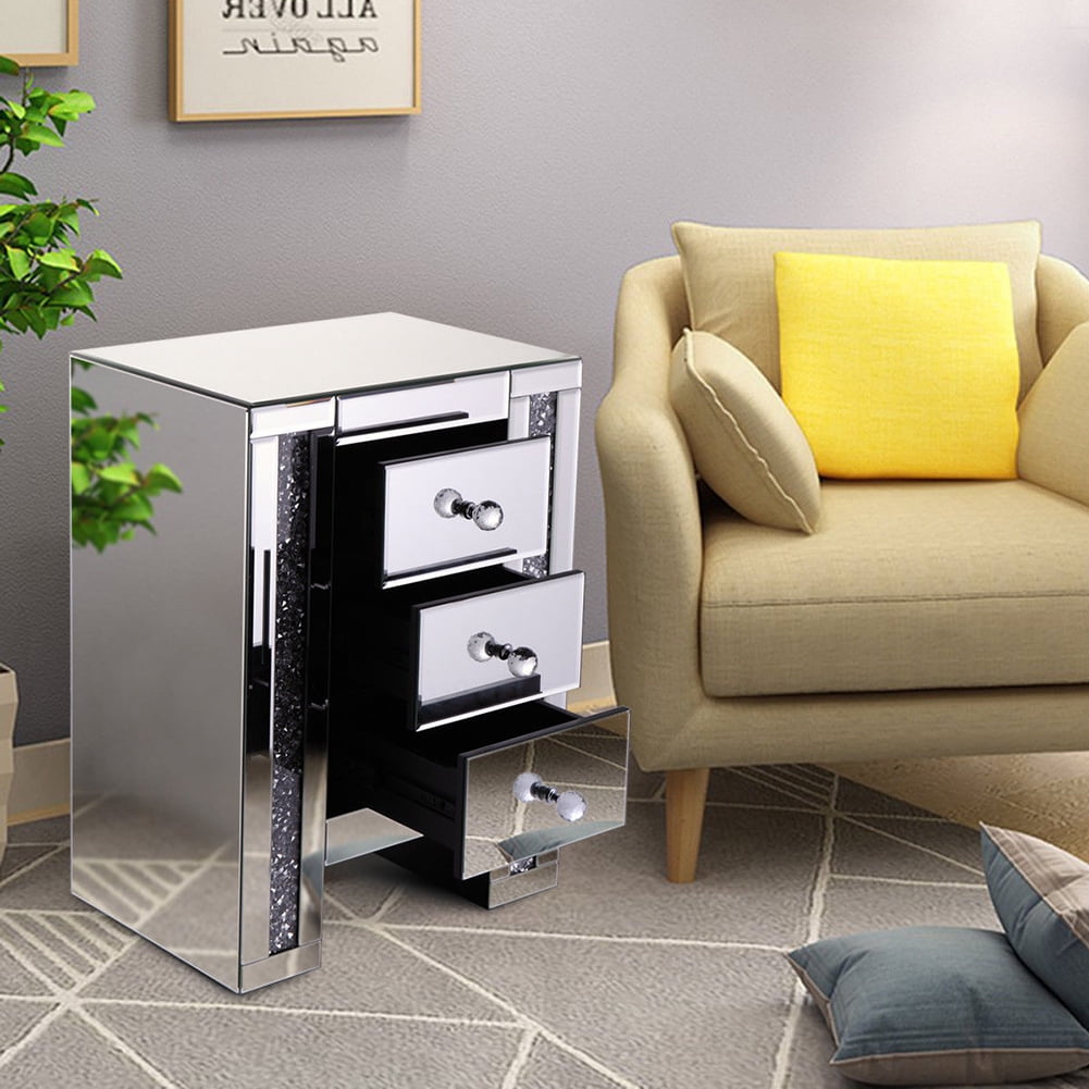 Kepooman Mirrored Nightstand for Bedroom, Mid-Century End Table for Living Room, 3 Drawer Bedside Table for Home Office, Silver Kepooman Mirrored Nightstand for Bedroom, Mid-Century End Table for Living Room, 3 Drawer Bedside Table for Home Office, Silver