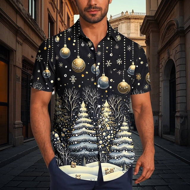Seeotter Christmas Button Up Shirt for Men Fun Printed Casual Short Sleeve Hawaiian Santa Shirt