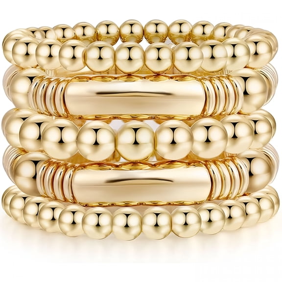 DESIGNICE 2026 New 14K Gold Plated Bangles Bracelet for Women Chunky Curved Stacking Plated Bead Ball Stretchable Bracelets Bracelet Stack for Women for Party, Casual, Wedding, Gift, Everyday 5Pcs