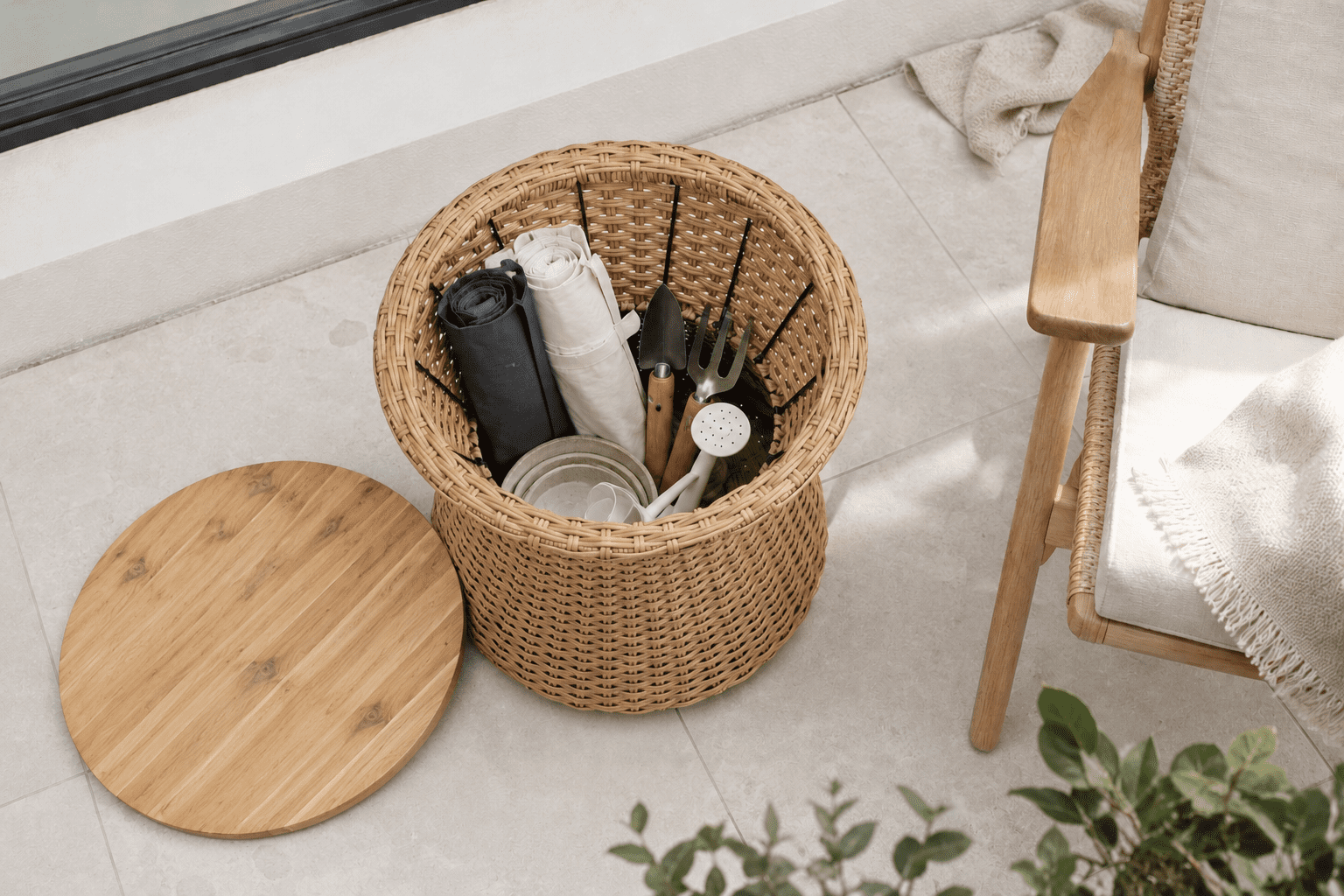 14.2" Polyrattan Stool with Wood Lid, Natural Resin Wicker Accent Table – Indoor Outdoor Side Table with Steel Frame