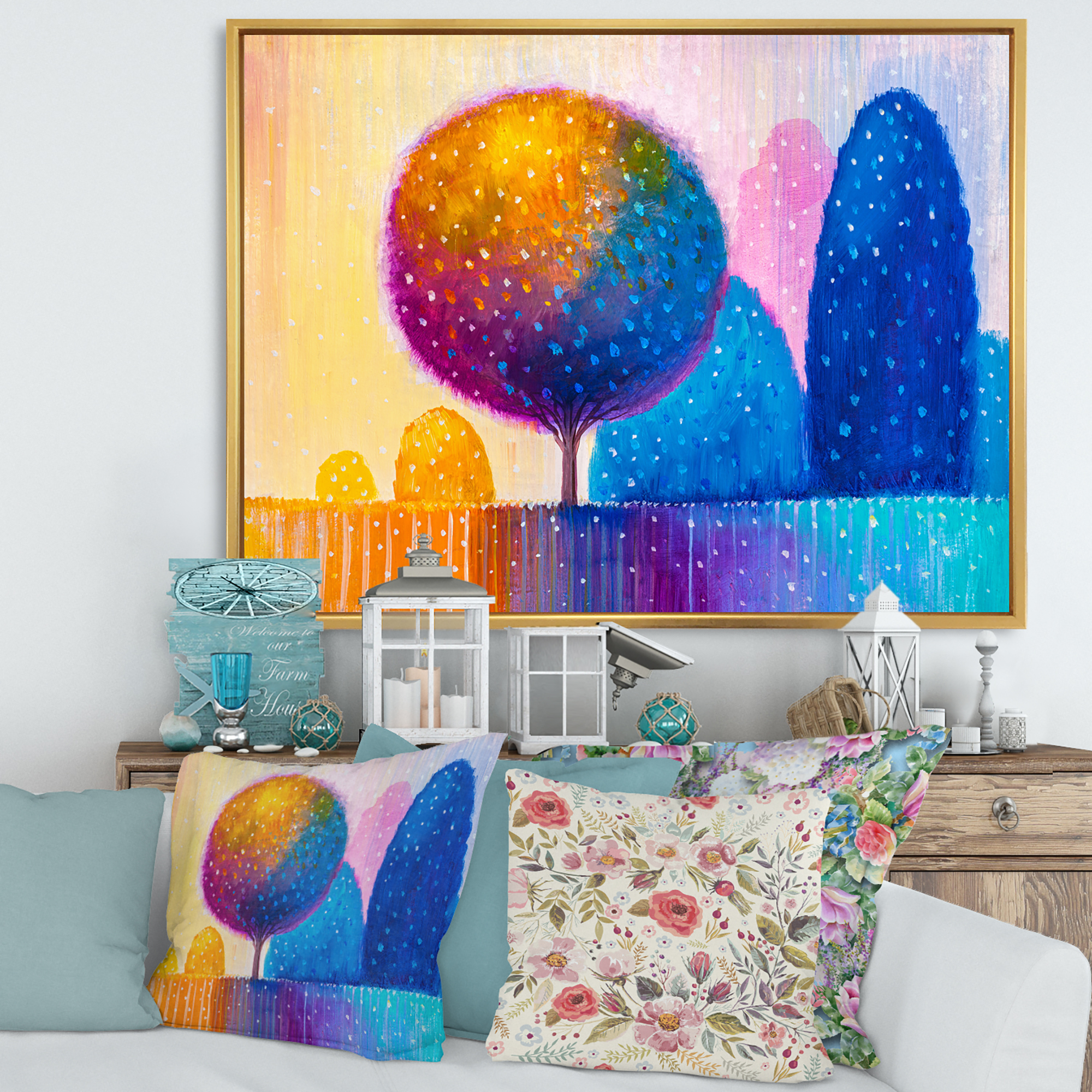 Designart 'Ornamental Colourful Trees X' Modern Framed Canvas Wall Art Print