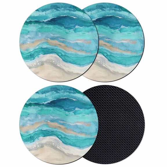 Turquoise Coastal Beach Coasters for Drinks,Absorbent Non Slip Rubber Drink Coasters Set of 4 for Cup,Table,Bar,Home Decor, Abstract Teal Oceans Waves
