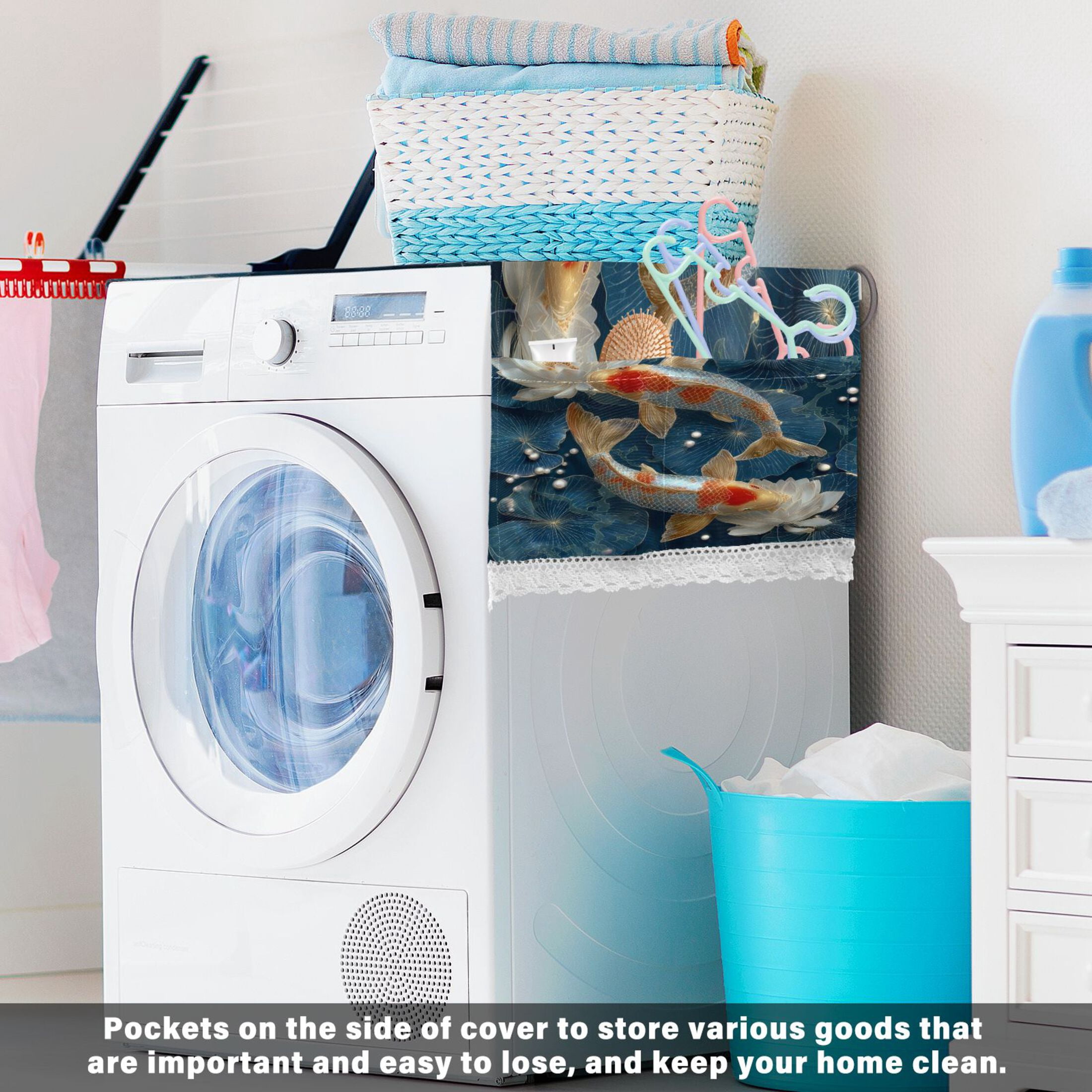 Washing Machine Cover 51.2x22in, Durable Polyester Dust Cover with Lace Trim and Side Pocket for Appliances White Brocade Carp