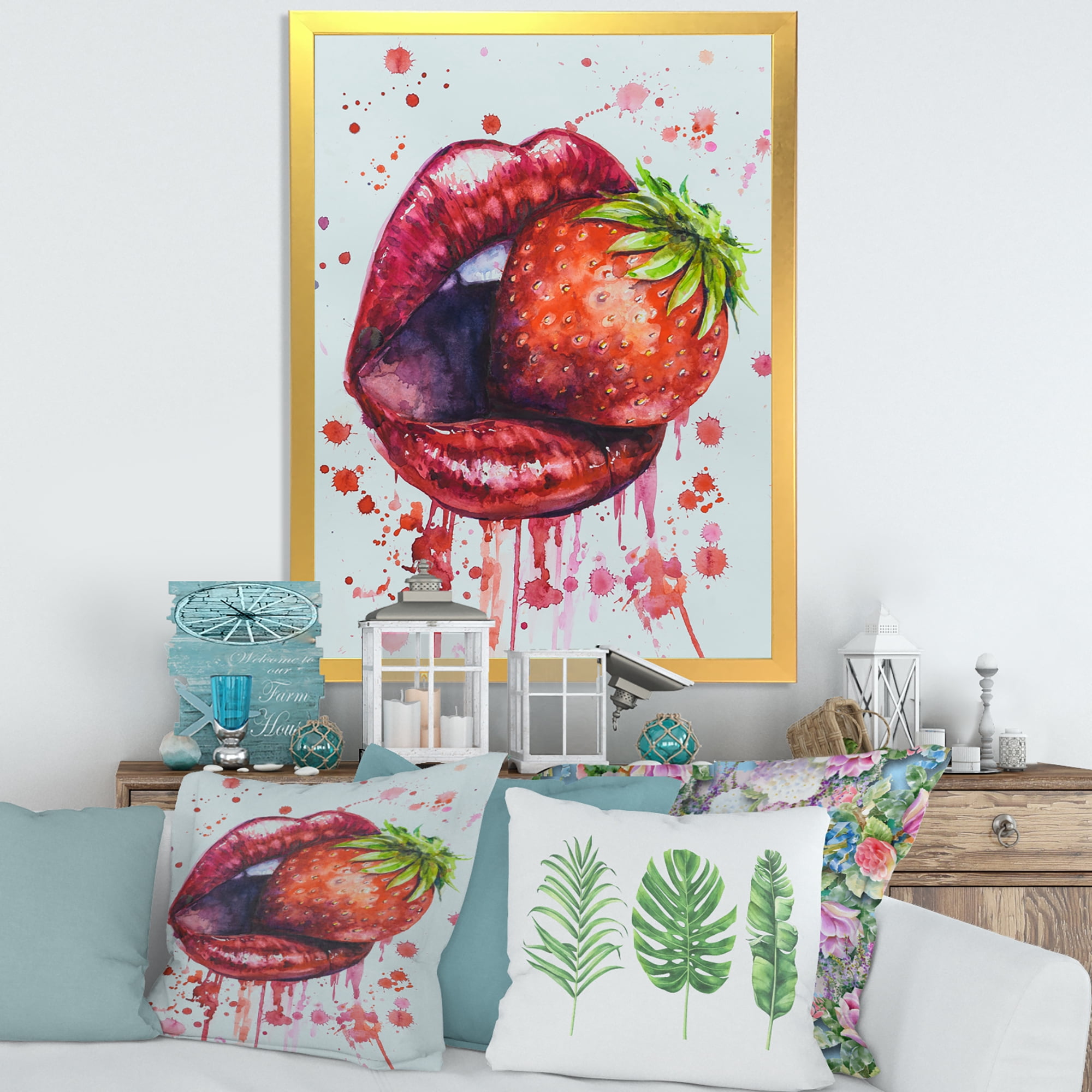Designart 'Red Girl Lips Eating A Strawberry' Modern Framed Art Print