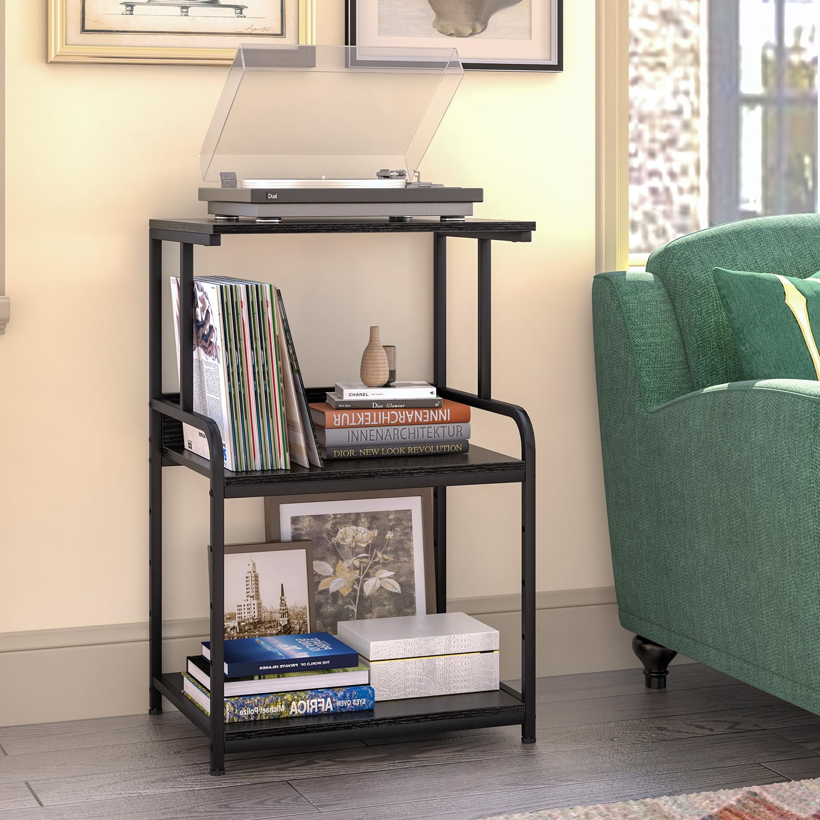 Printer Stand with Storage Shelf,3 Tier Printer Cart with Wheels,Mobile Printer Table for Home Office,Stands for Printer Heat Press Scanner Fax,Industrial Style (Black)