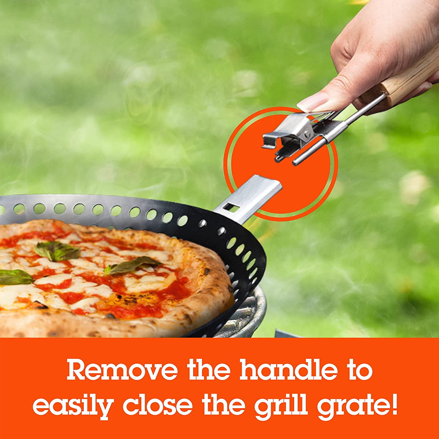 Pizza Grill Pan - Non-Stick Grilling Pan with Holes, Extra High Walls & Removable Handle - Use for Vegetables, Seafood, Shish Kebab