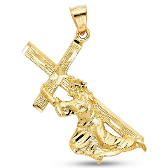 14k Yellow Gold Jesus Carrying Cross Pendant Christ Holding Cross Charm Religious Solid 40 x 32 mm