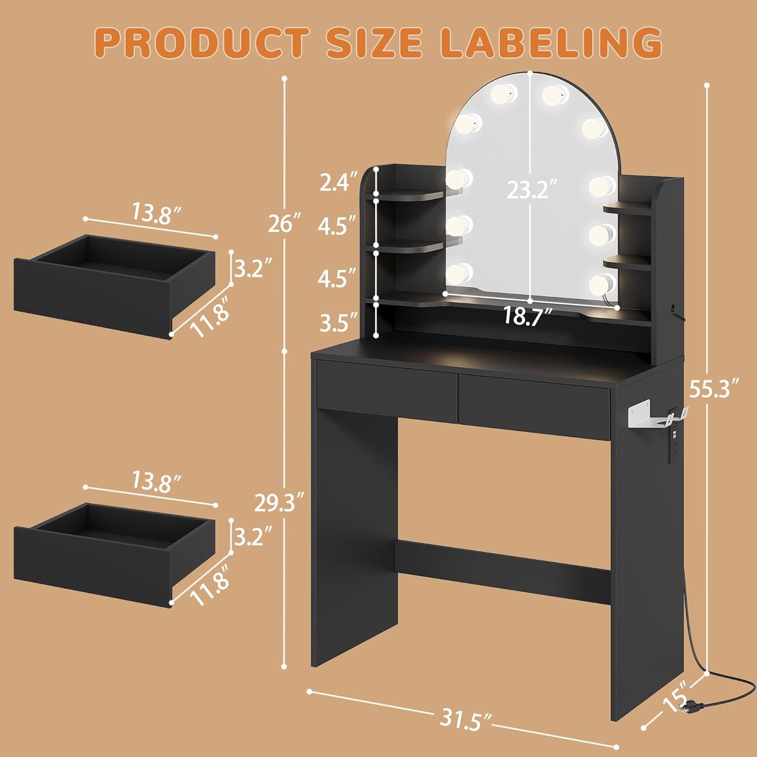 Pipleo  32" Lighted Mirror Vanity Desk with Power Outlet, Small Makeup Table with 2 Drawers & 6 Shelves, Black Vanity for Bedroom, Small Spaces, Easy Assembly