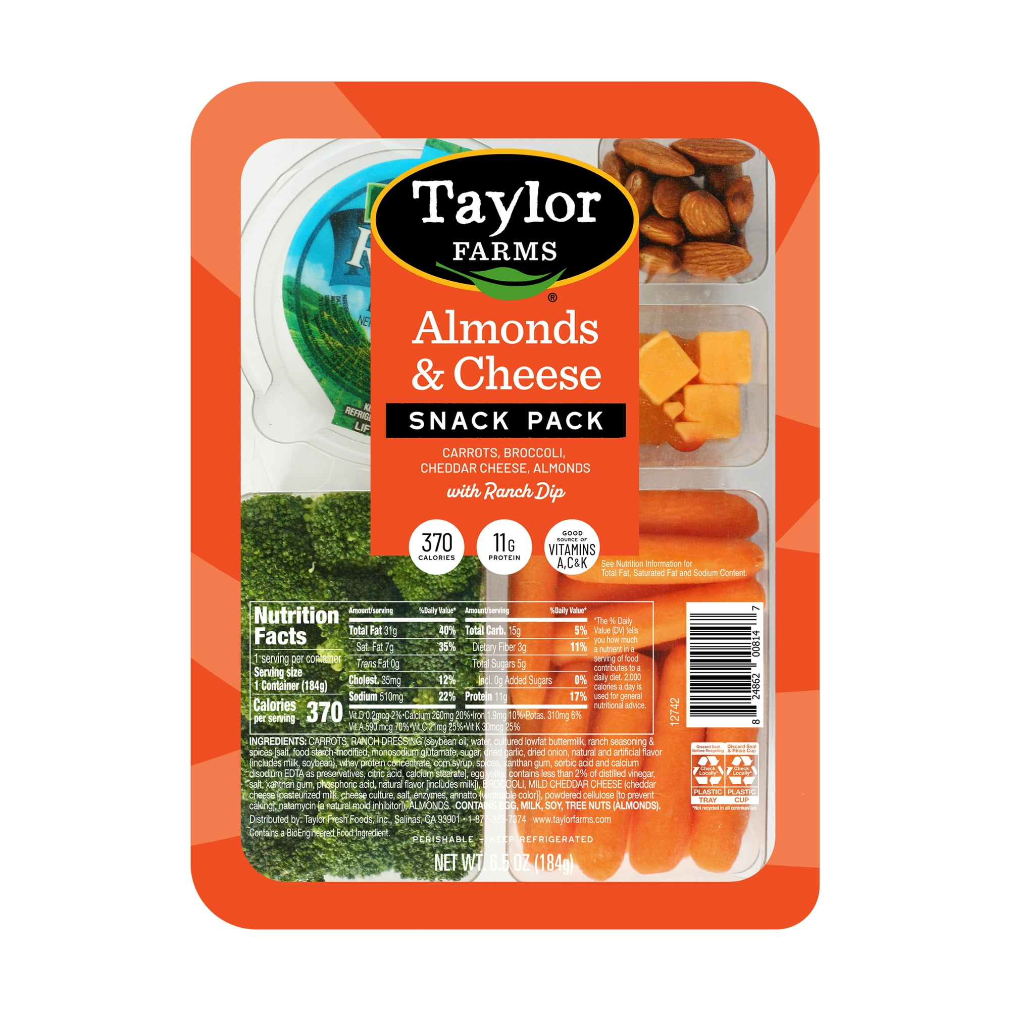 Taylor Farms Almonds & Cheese Refrigerated Snack Pack With Carrots & Broccoli, 6.5 oz tray, Fresh