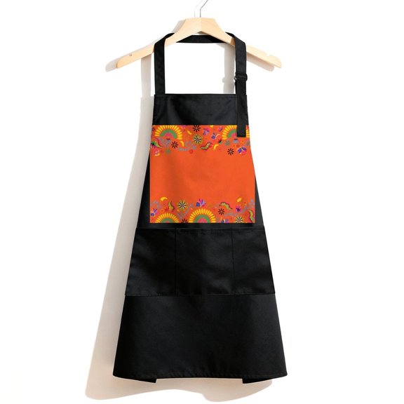 RKSupls Waterproof Bib Apron with 3 Pockets, Festive Floral Border Frame Adjustable Neck Strap Soft Polyester Water Resistant Apron for Kitchen Restaurant Home Use