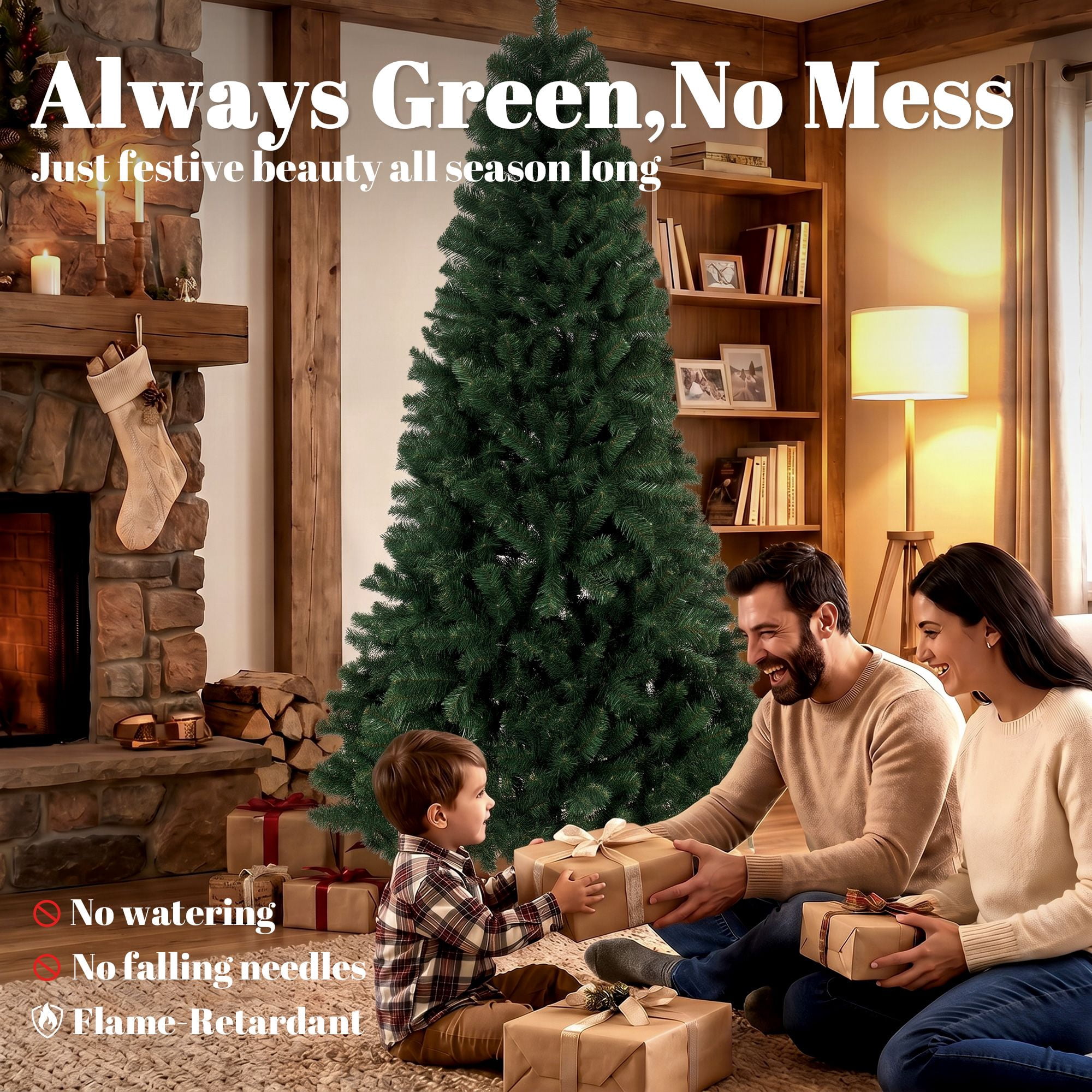 7.5 ft Artificial Christmas Tree, Norway Spruce with 1388 Branch Tips, Hinged Setup, Flame-Retardant, Metal Stand, 45 in Wide, for Living Room and Entryway