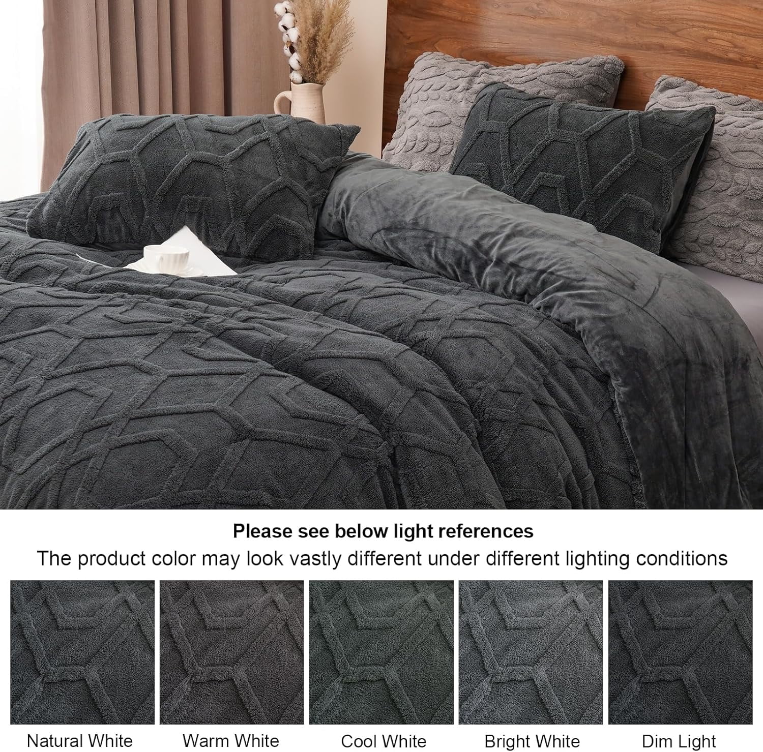 PHF Warm Sherpa Fleece Queen Comforter Set, 3D Tufted Fluffy Dark Grey Bedding for Winter, Soft 3 Pieces Shaggy Bed Set, 1 Comforter (90"x90") and 2 Pillowcases (20"x26")