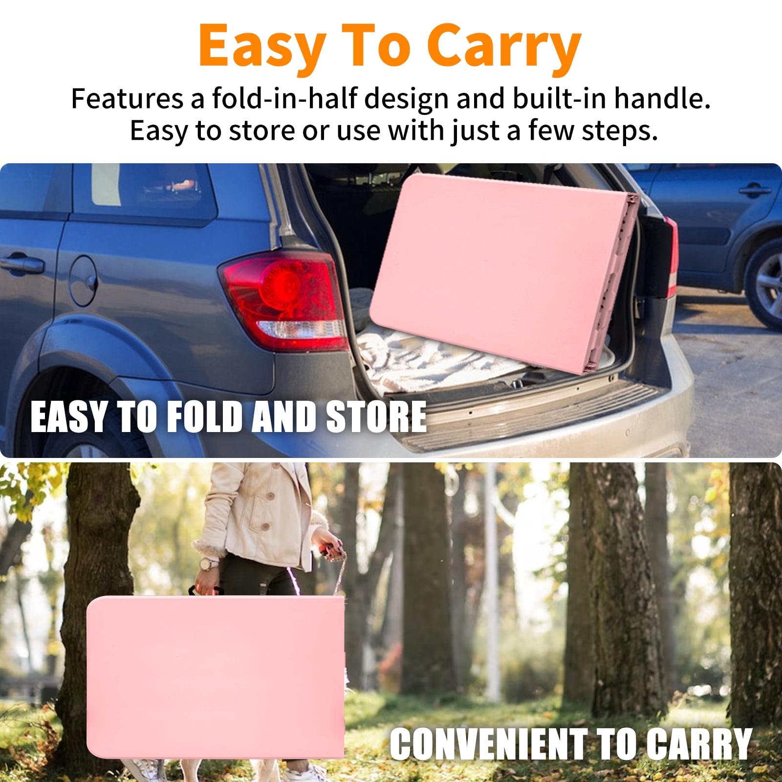 8ft Pink Portable Folding Plastic Table, Waterproof Easy Clean HDPE Tabletop with Steel Frame, Stable Triangular Support Foldable Table for Camping Picnic Party Indoor Outdoor Use