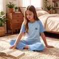 thumbnail image 5 of Cethrio Girls' Pajama Sets Short Sleeve, Comfy 2 Piece Casual Summer Girls' Sleepwear Light Blue Size 3-4T, 5 of 7