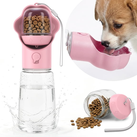Hutact Dog Water Bottle with Food Container, 18.6oz Pet Dispenser Cup, Detachable 5.7oz Food Container, Portable Leak-Proof Water Bottle with Lock, Pink