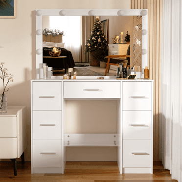 Caulitar Vanity Table Set with Large LED Lighted Mirror Makeup Dressing Desk with Storage Drawer for Bedroom White