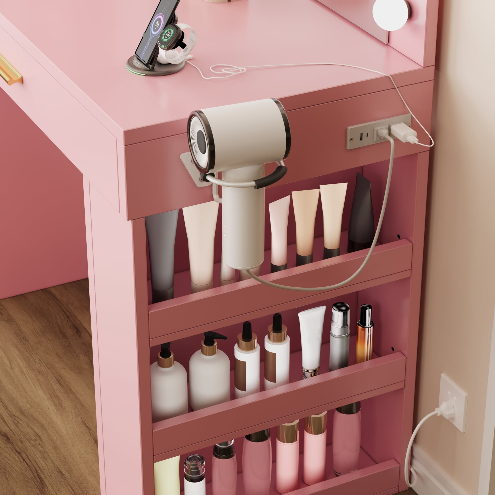 Uforic 40-inch Pink Makeup Vanity Desk with LED Mirror, Drawers, Shelves, & Power Outlets