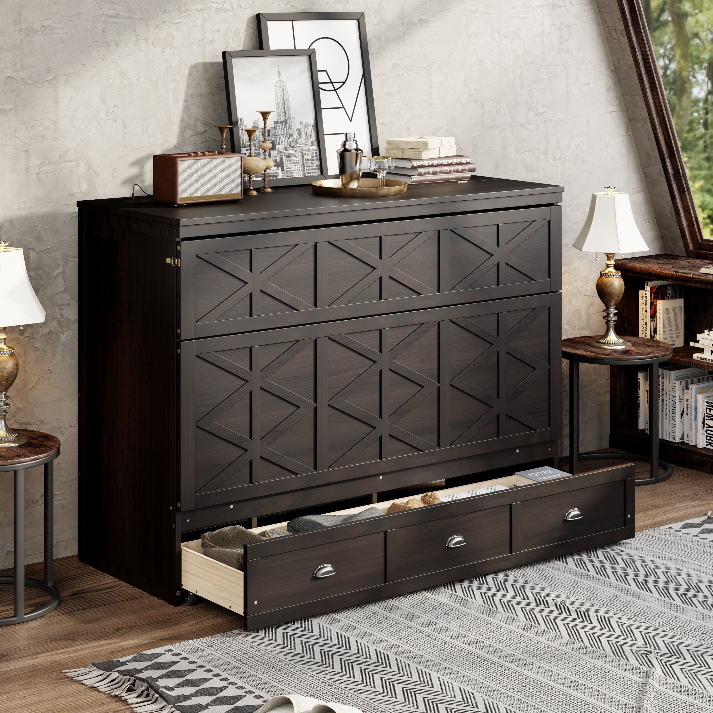 Mintazer Queen Size Murphy Bed with Charge Station & 3 Storage Drawers, Farmhouse Geometric Pattern Foldable Cabinet Wall Bed for Guest Room Small Apartment, Espresso