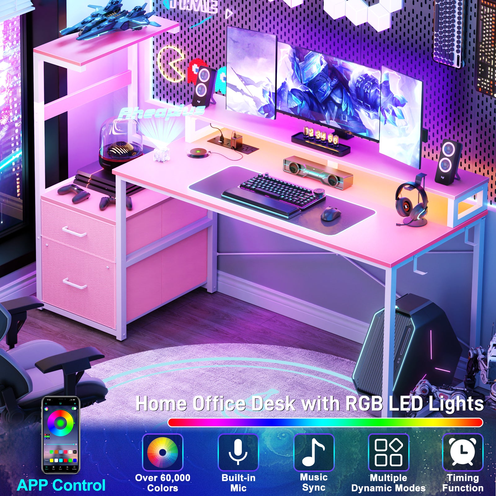 Homieasy Gaming Desk with LED Light Strip and Power Outlet, 59 Inch Reversible Computer Gaming Desk with Monitor Stand & Drawers, Pink