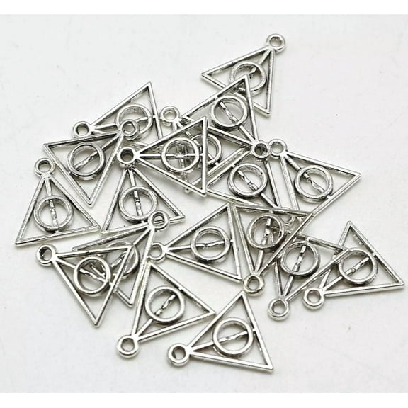 EOEMY 100 Tibet Silver Tone Alloy Triangle Round Deathly Hallows Charms Pendants 13mm