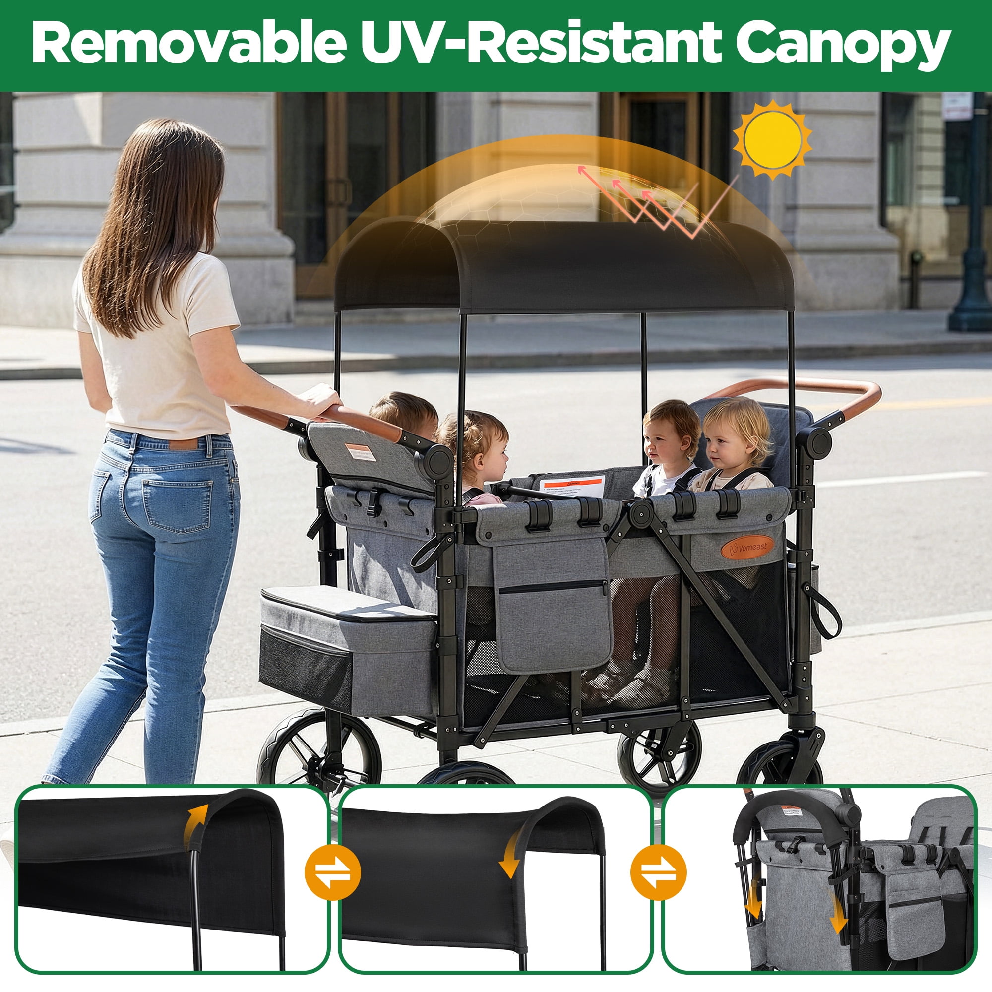 Vomeast Upgrade Wagon Stroller for 4 Kids, 4-Seater Outdoor Baby Stroller Wagon with Canopy, 5-Point Harness, Adjustable Handle(Grey)