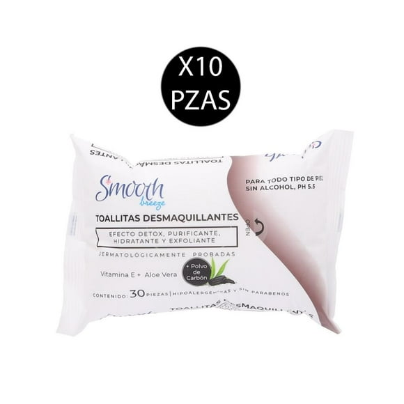 Toallitas Desmaquillantes Smooth Breeze con Vitamina E más Aloe Vera más Polvo de Carbón